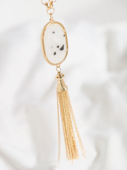 Long Gold Tassel Necklace with Natural Stone