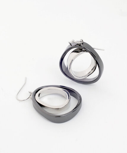 Silver & Gunmetal Asymmetrical Circle Dangle Earrings Image 2