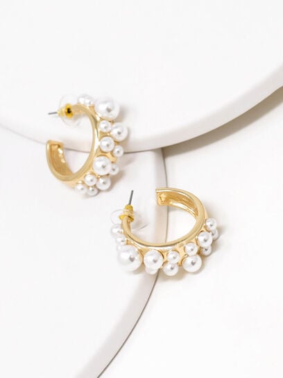 Small Gold Hoop Earrings with White Pearls