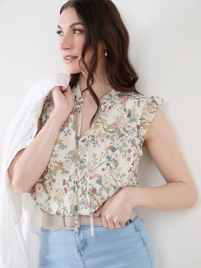 Chiffon Ruffle Sleeve Blouse with Foil Detail