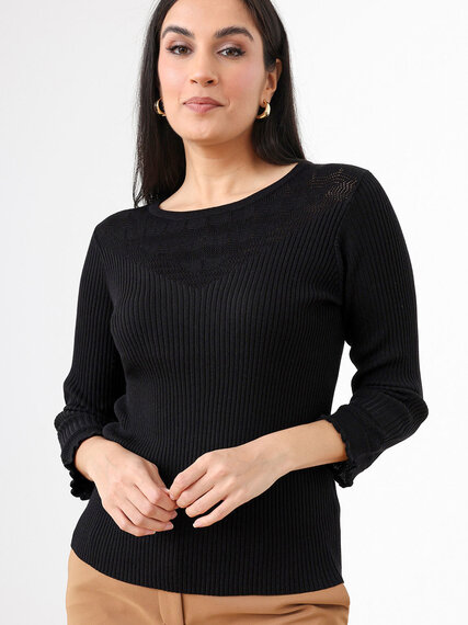 3/4 Sleeve Pointelle Knit Sweater, Cleo