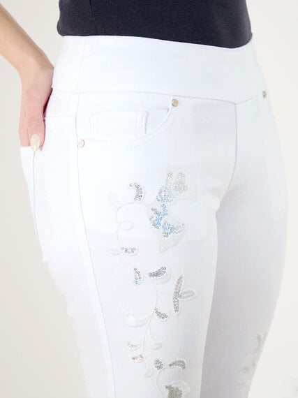White Crop Jeans with Silver Floral Detail  Image 2