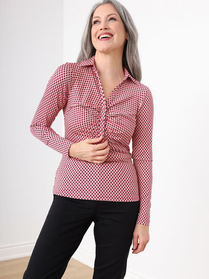 Long Sleeve Collared Crepe Knit Top by Jules & Leopold