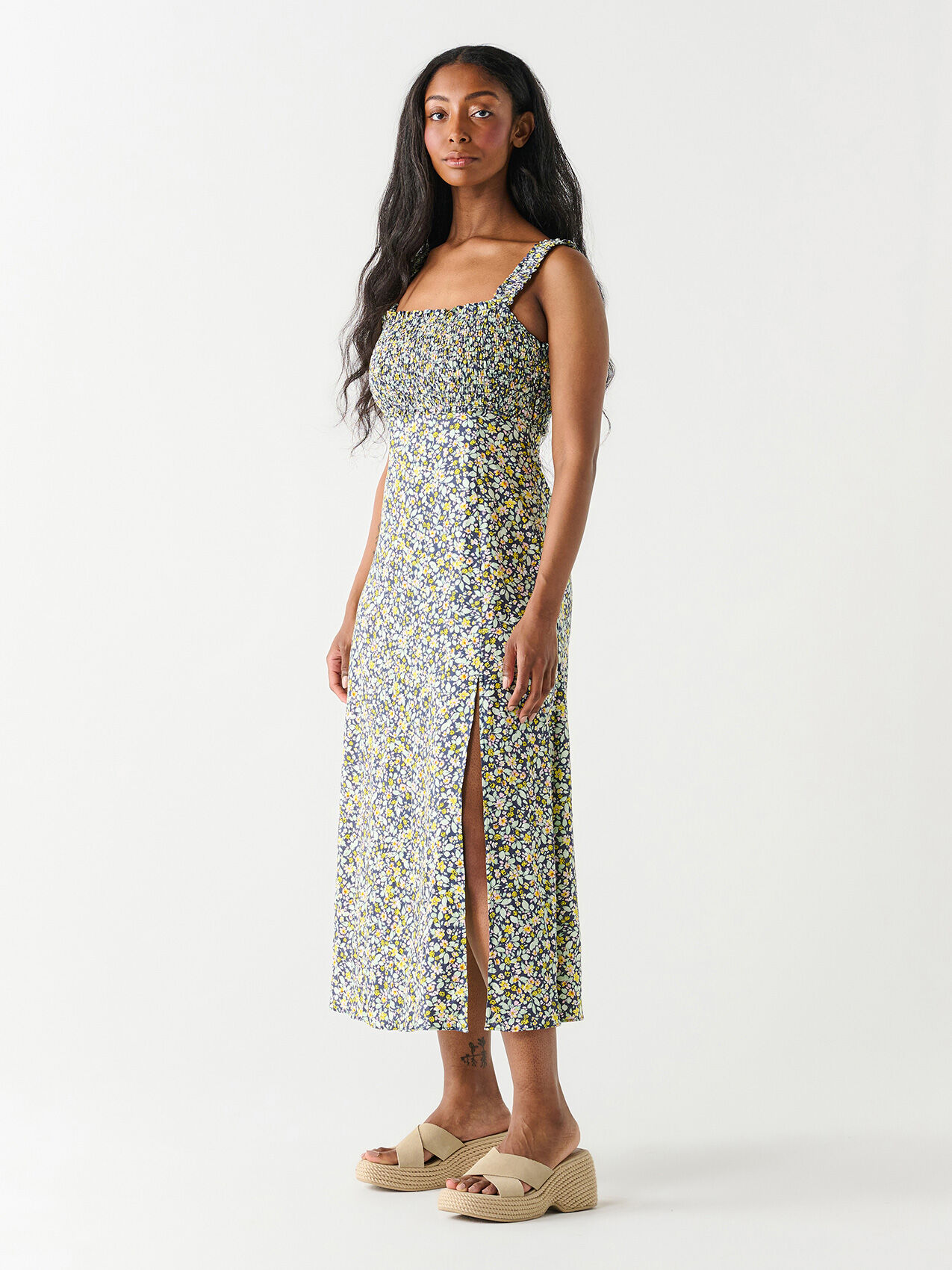 Smocked Bodice Linen Midi Dress by Dex