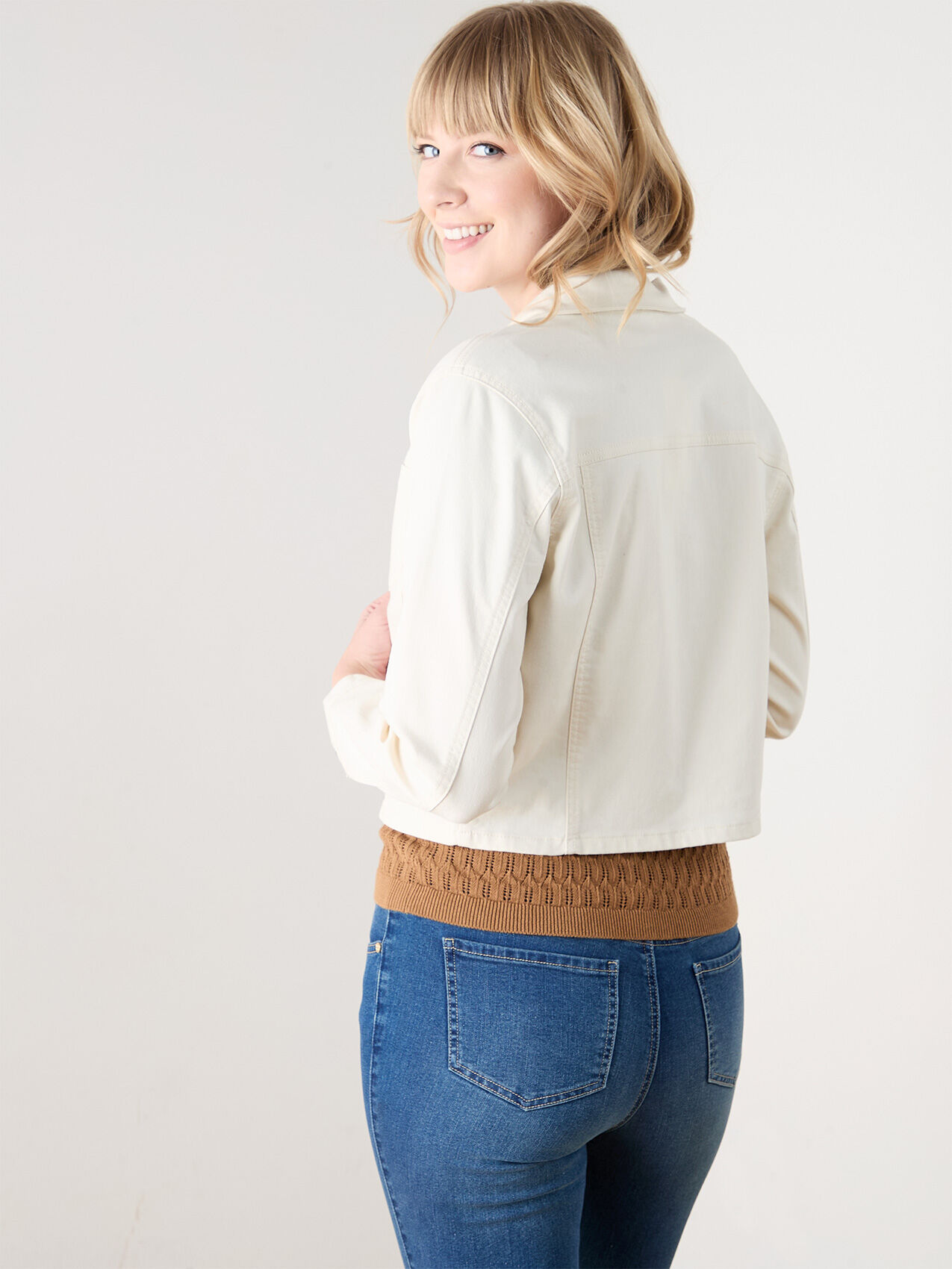 Cropped cream denim jacket sale