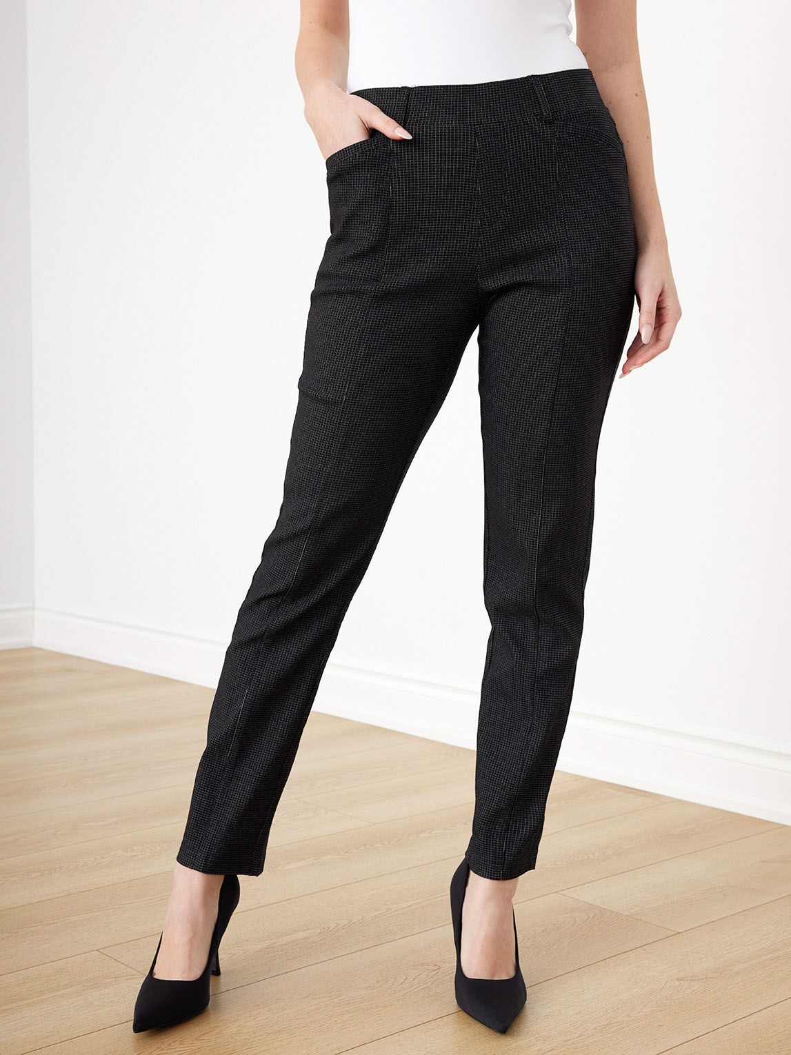 Pull-On Slim-Leg Plaid Pants