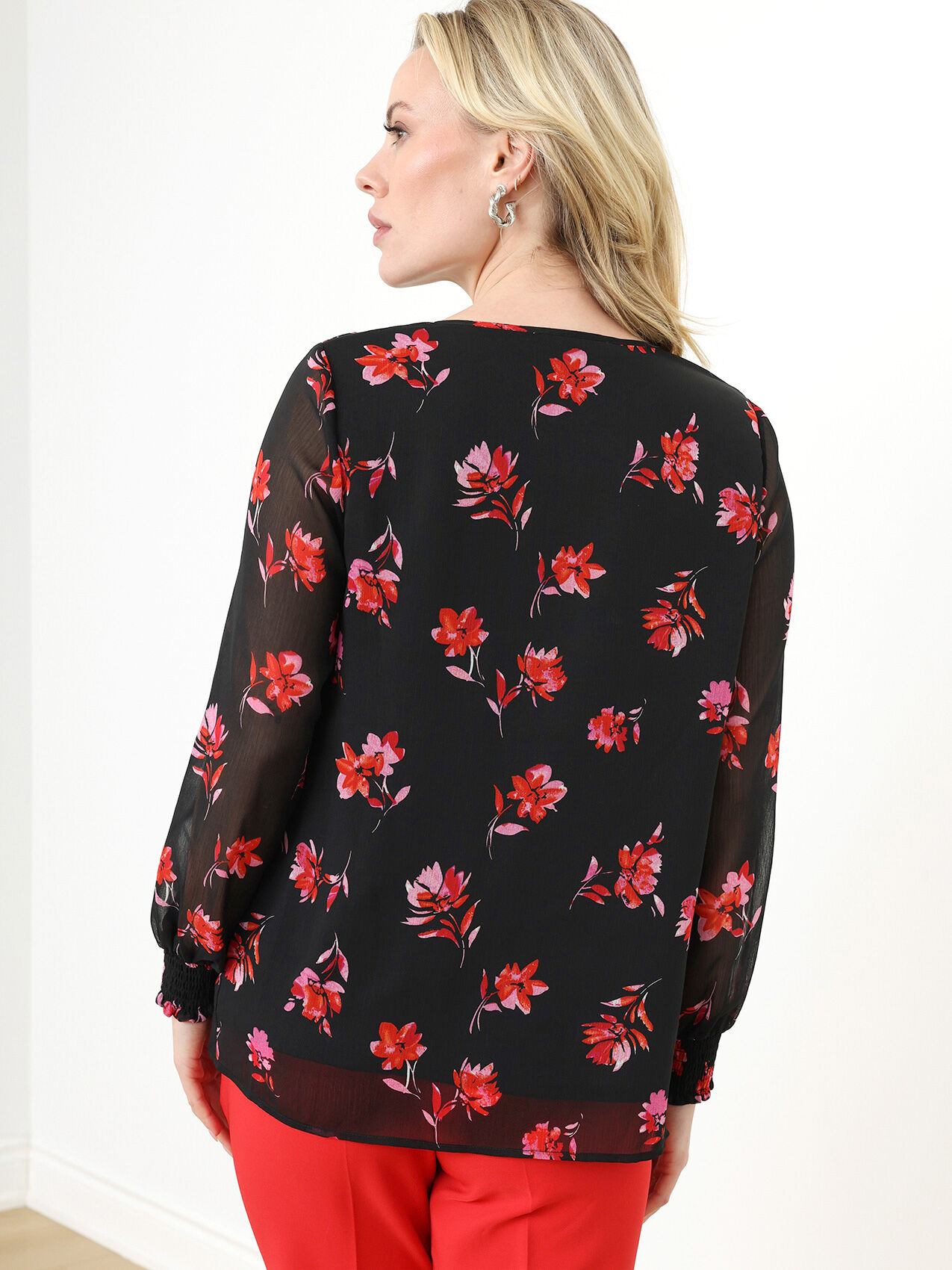 Petite Long Sleeve V-Neck Chiffon Blouse