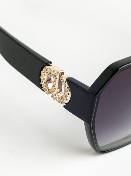 Black Hexagon Frame Sunglasses with Rhinestone Detail Image 3