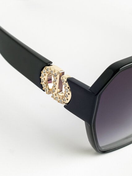 Black Hexagon Frame Sunglasses with Rhinestone Detail Image 3