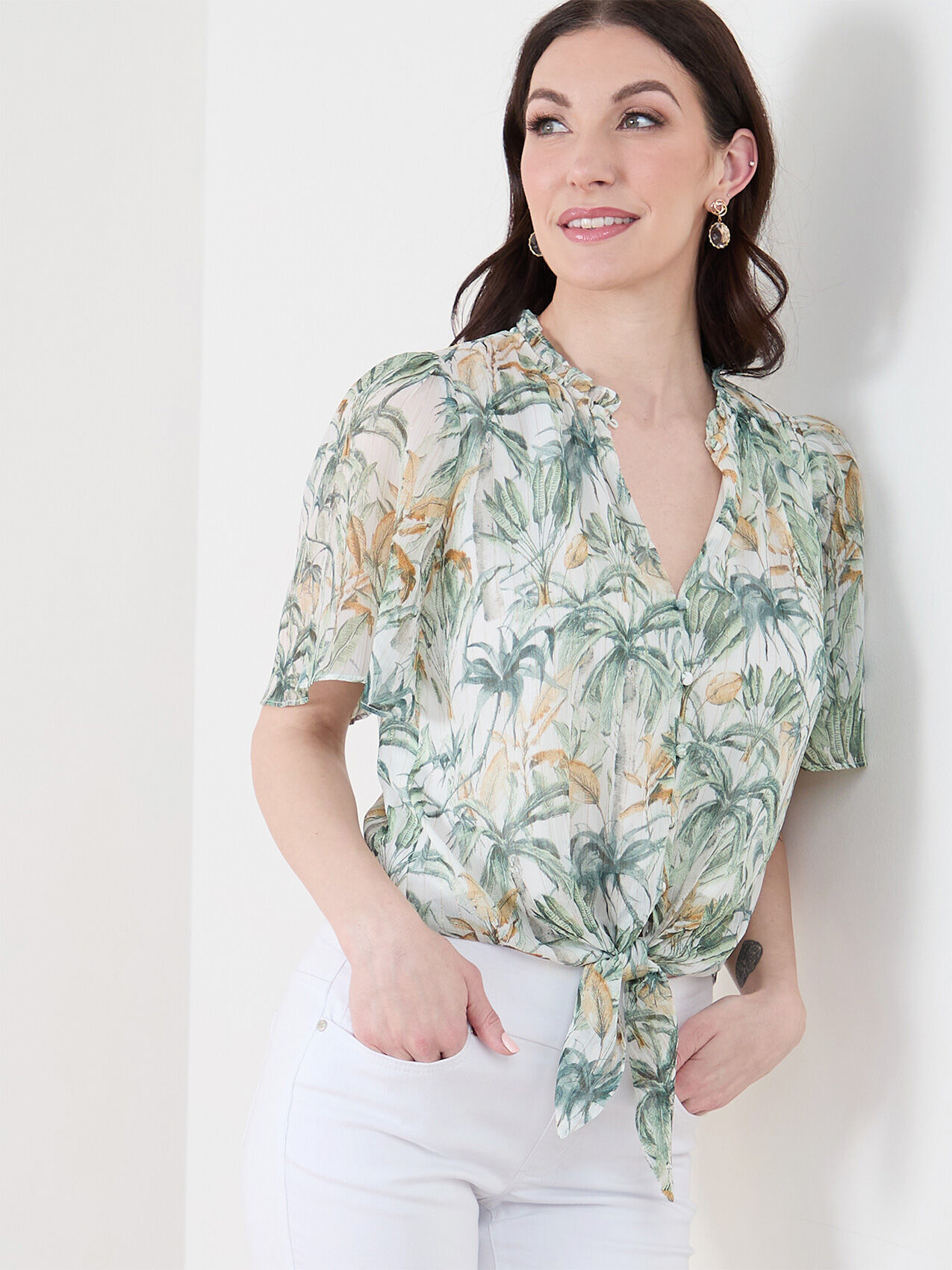 Flutter Sleeve Chiffon Blouse with Tie Front