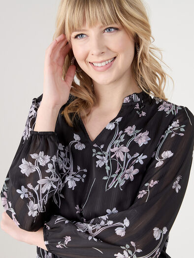 Relaxed Fit Chiffon Blouse with Ruffle Detail, Black Floral