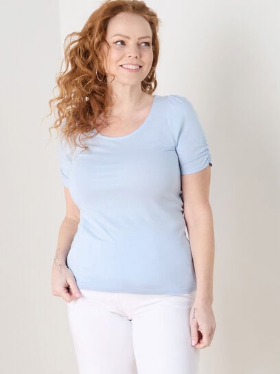 Elbow Length Ruched Sleeve Cotton T-Shirt