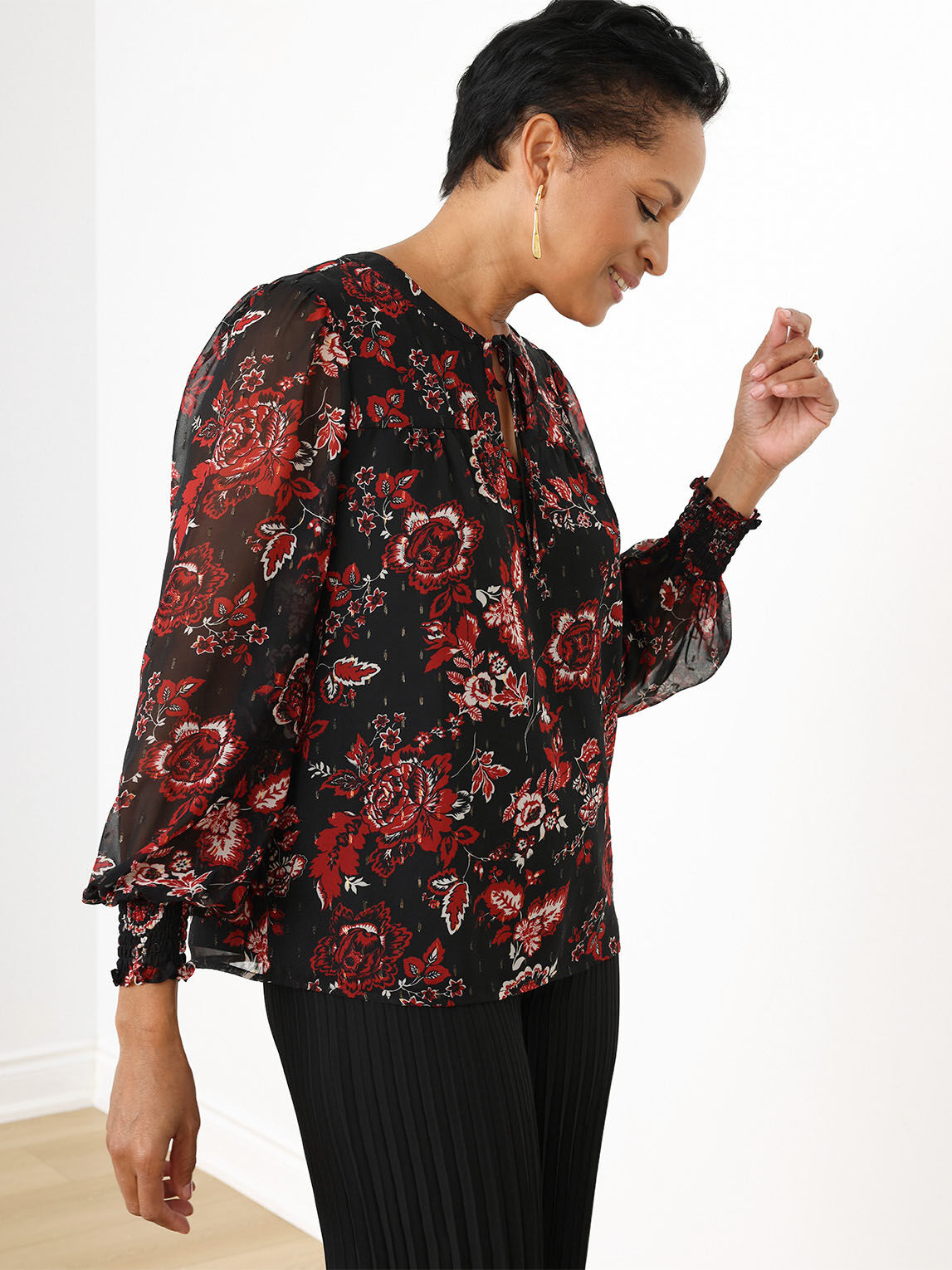 Split-Neck Chiffon Peasant Blouse