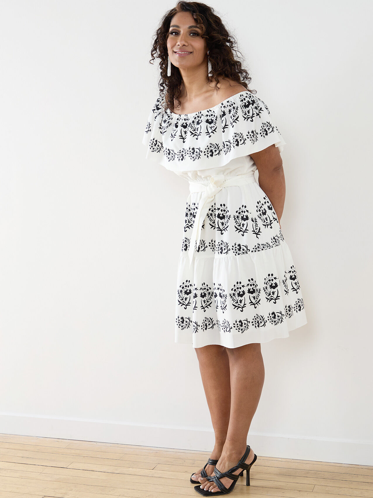Petite Satin Ruffle Neck Knee-Length Dress