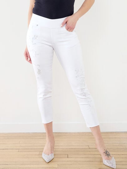 White Crop Jeans with Silver Floral Detail 