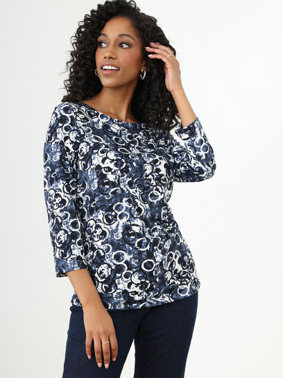 Petite 3/4 Sleeve Boat Neck Side-Ruche Top