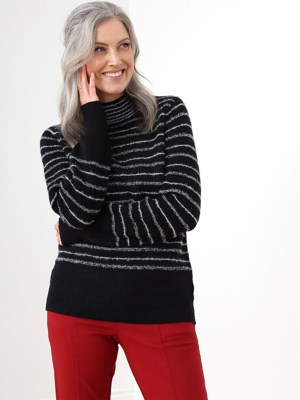 Fuzzy Stripe Mock Neck Pullover Sweater Cleo 4000008976
