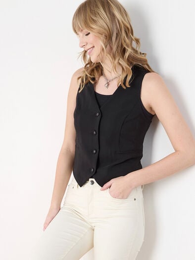 Black Button Front Vest, Black Black Button Front Vest, Black