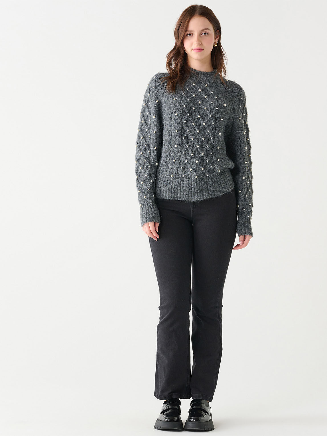 Black knit faux fur pearl detail jumper new arrivals
