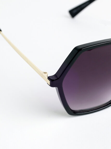 Black Hexagon Frame Sunglasses with Gold Metal Arms Image 2