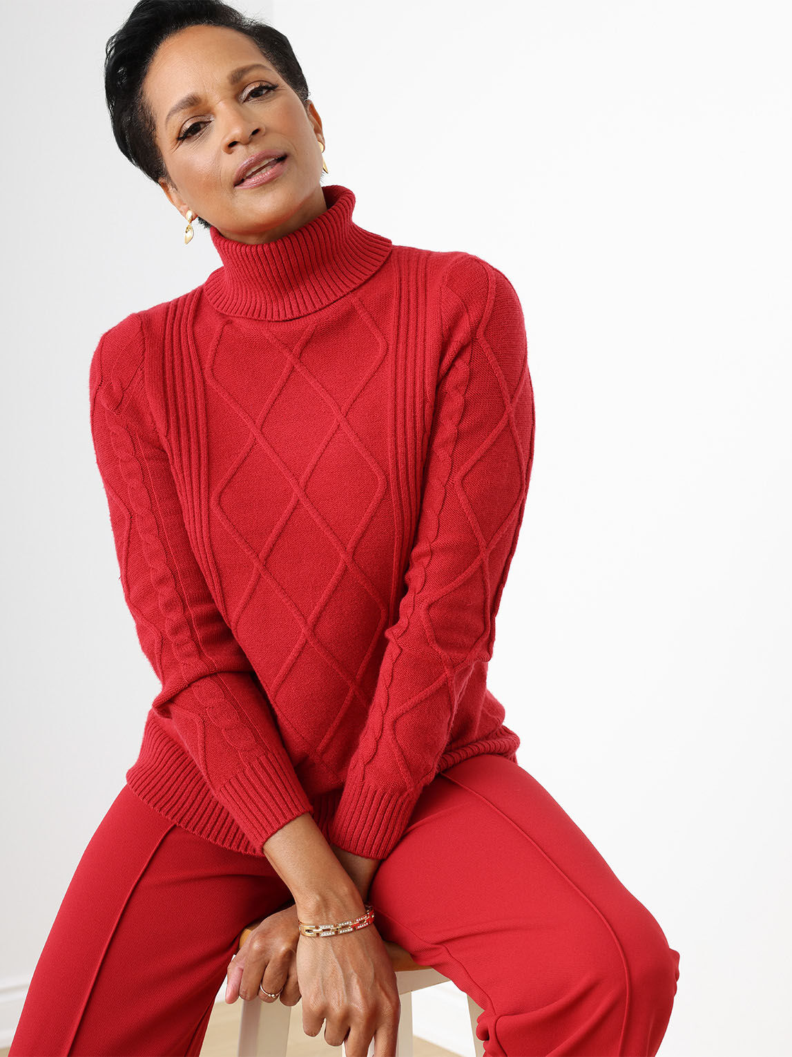Red cable knit turtleneck sweater on sale