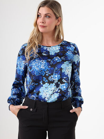 Satin Relaxed Fit Pop-Over Blouse, Cobalt Hydrangea