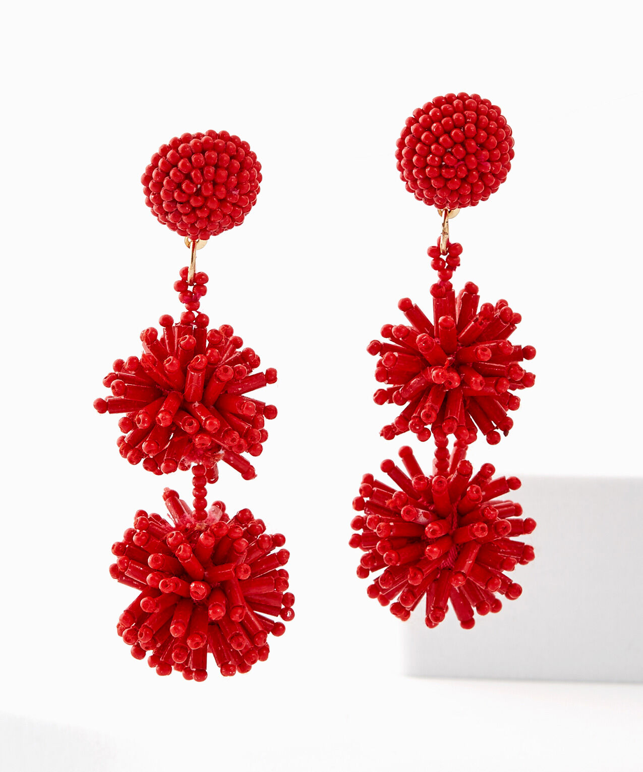 Crimson Sea Bead Pom Long Earrings