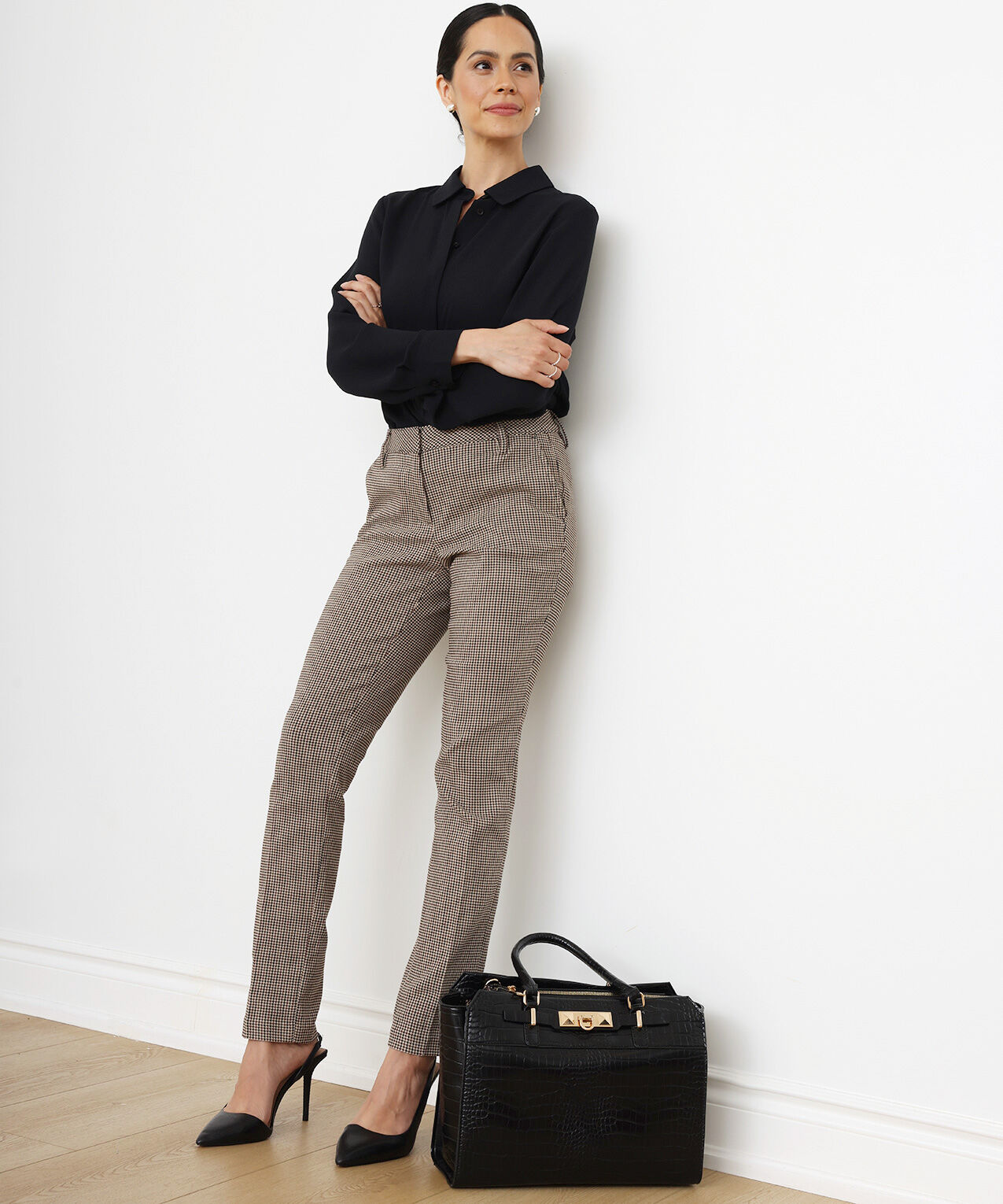 Jacquard Mini-Houndstooth Slim-Leg Pant