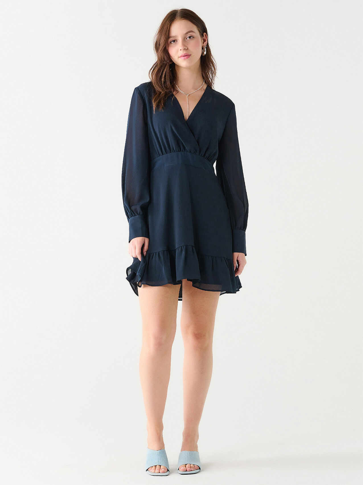 Black Tape Ruffle Hem Wrap Mini Dress NVY S
