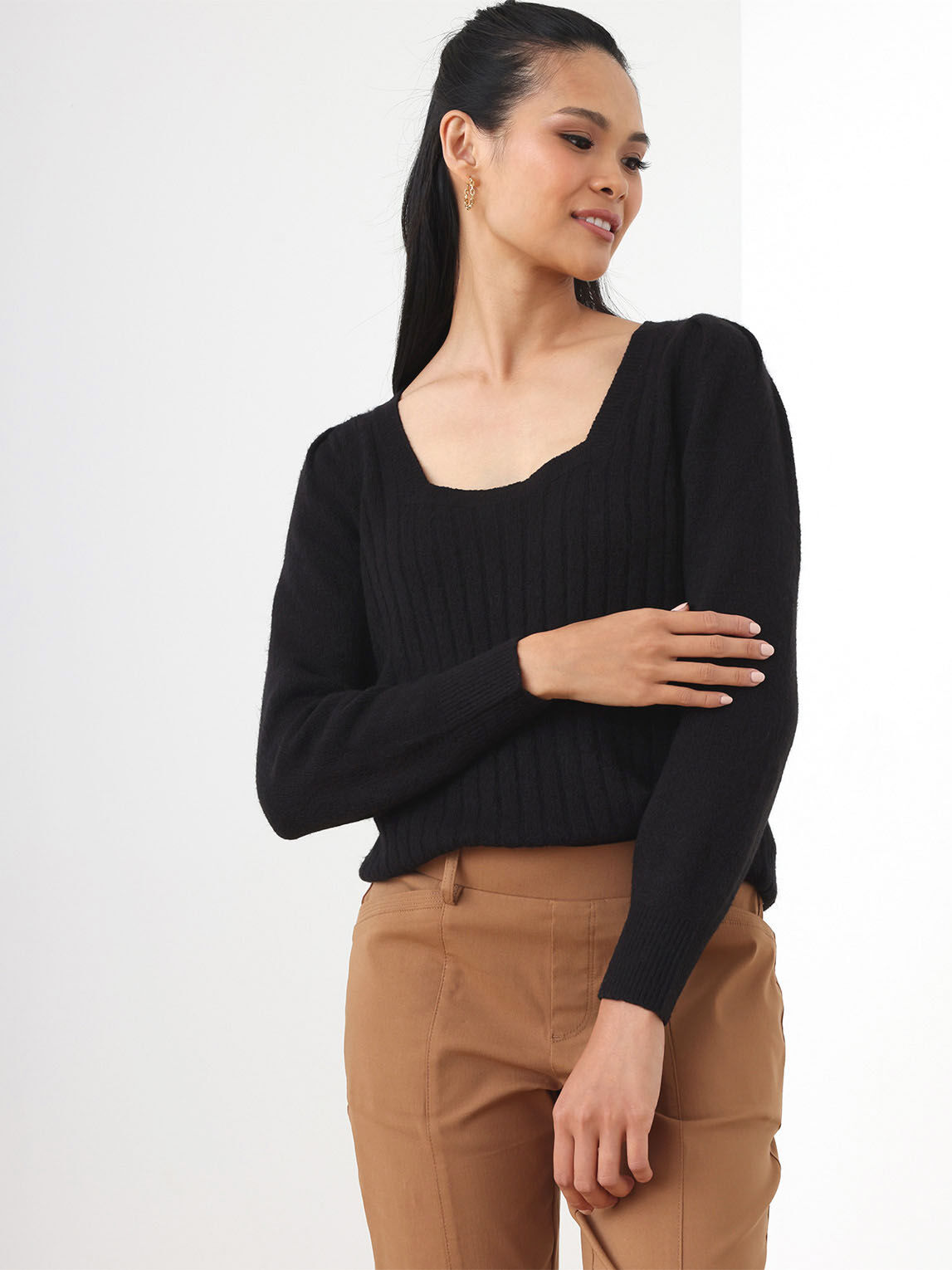 Petite Square Neck Pullover with Puff Shoulders