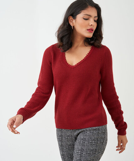 Lace V-Neck Shaker Stitch Sweater Image 6