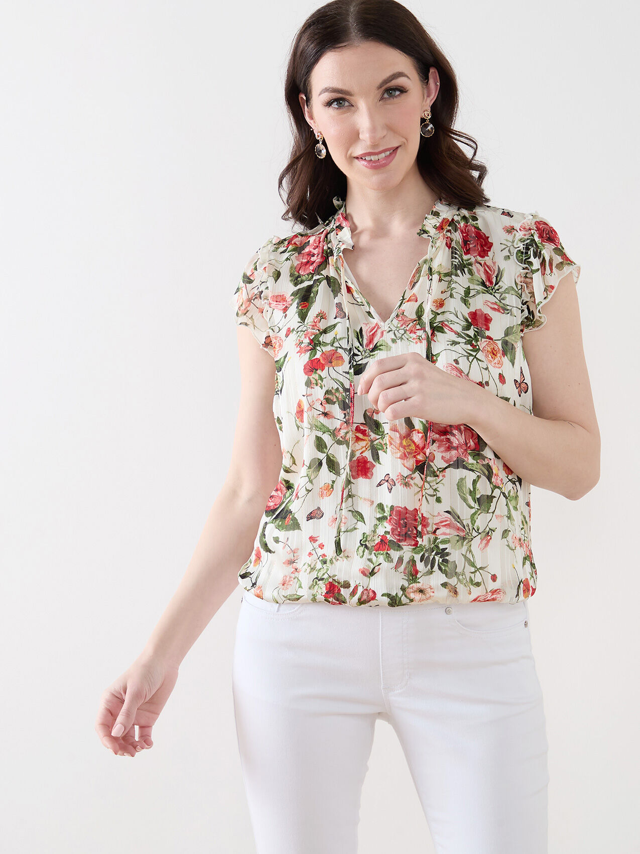 Chiffon Ruffle Sleeve Blouse with Bubble Hem Cleo 4000010758