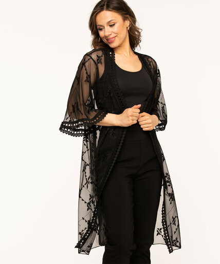 Black Mesh Lace Trim Kimono Image 1