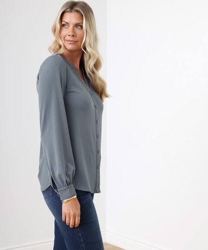 Crepe V-Neck Mid-Length Button Front Top Image 2