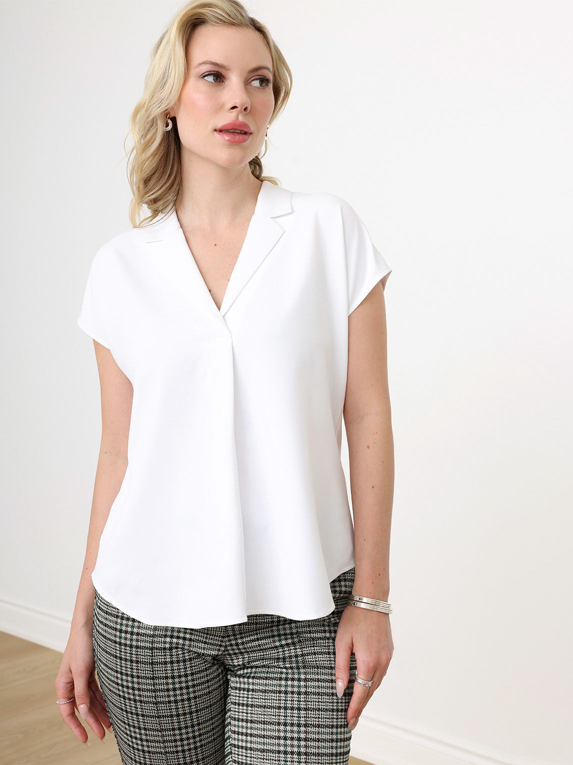 Short Sleeve Notch Collar Blouse