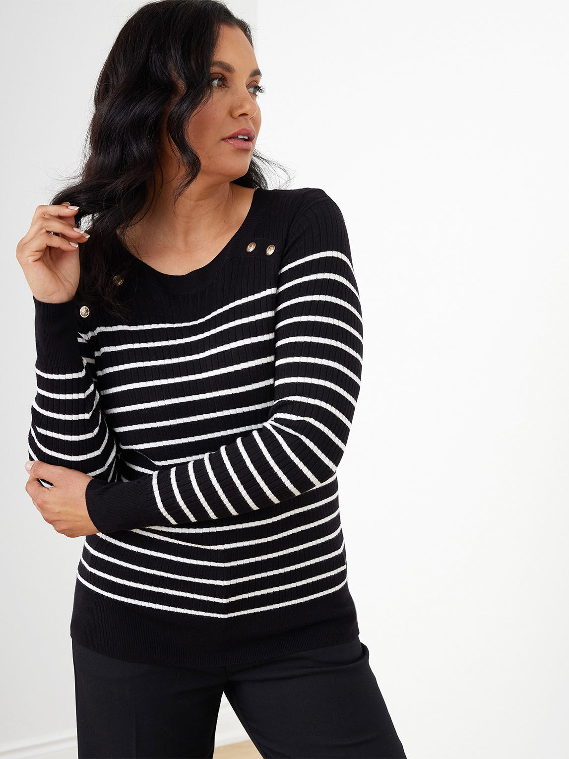 Long Sleeve Striped Pullover Sweater with Button Detail