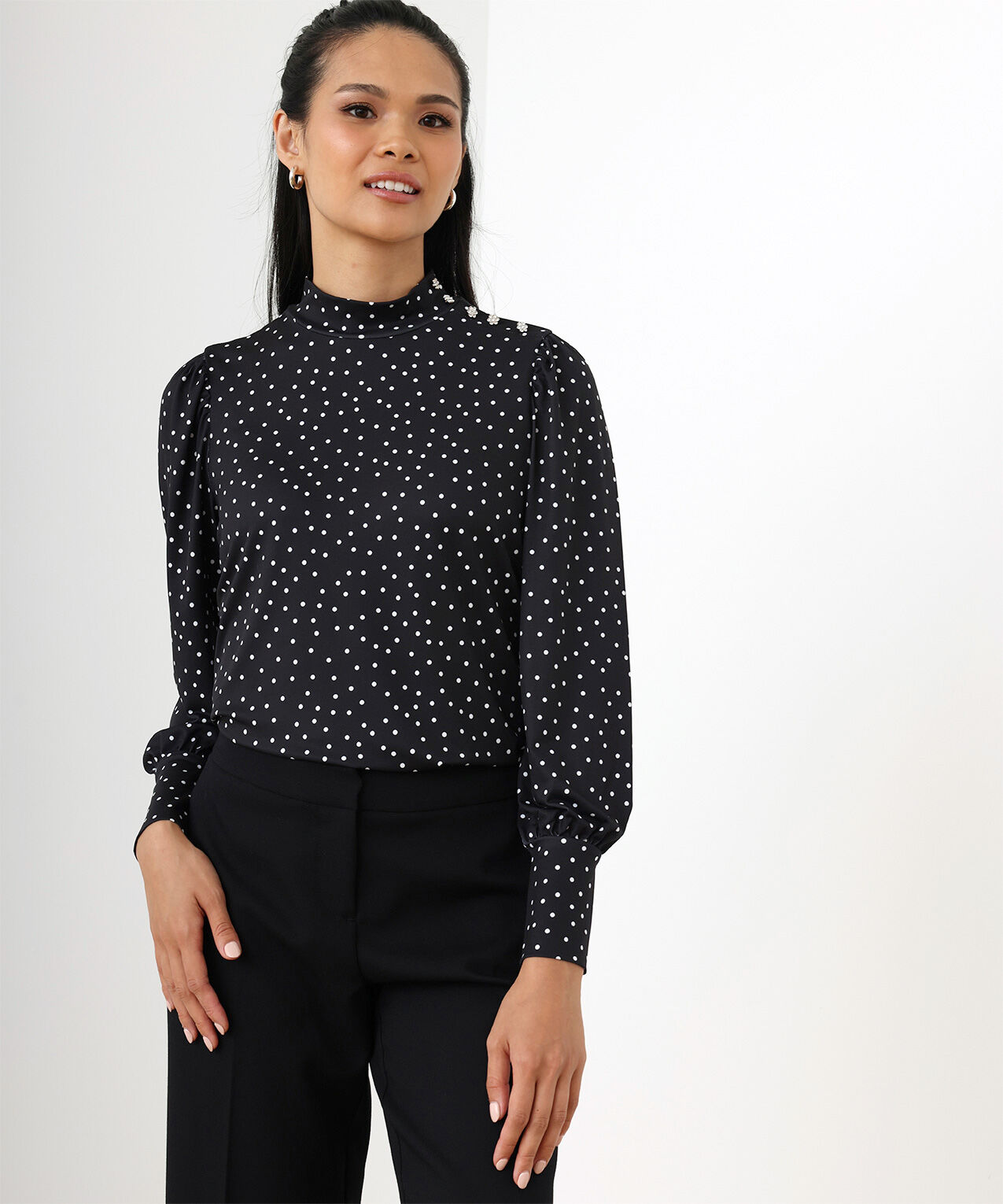 Petite Mock Neck with Rhinestone Buttons Top Cleo 4000008749