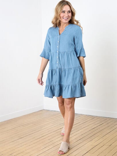 Petite Chambray Flutter Sleeve Tiered Dress