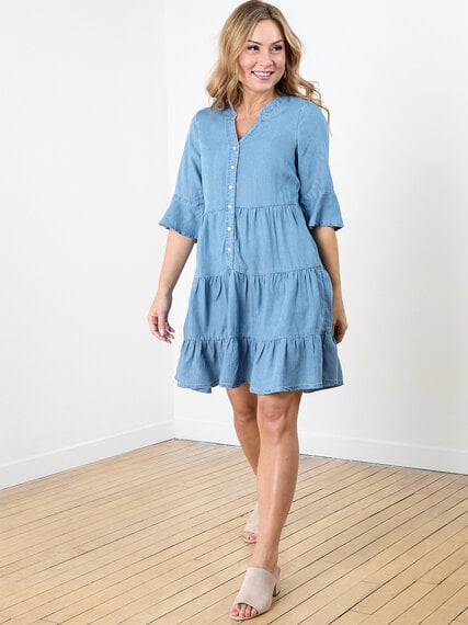 Petite Chambray Flutter Sleeve Tiered Dress Image 3
