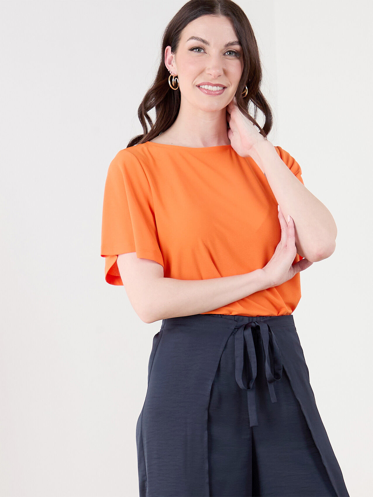 Short Flutter Sleeve Stretch Crepe Top