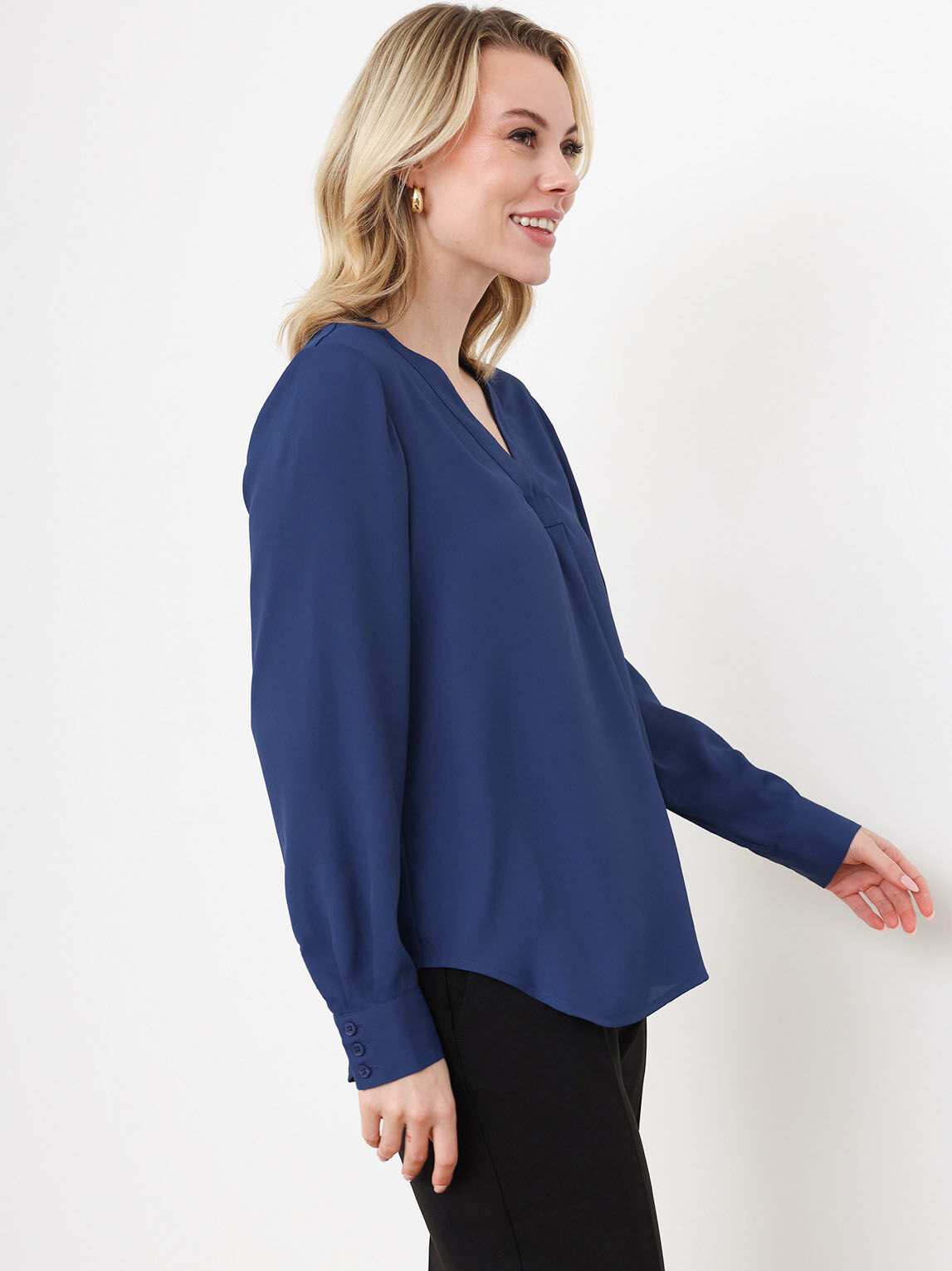 Long Sleeve V-Neck Crepe Blouse