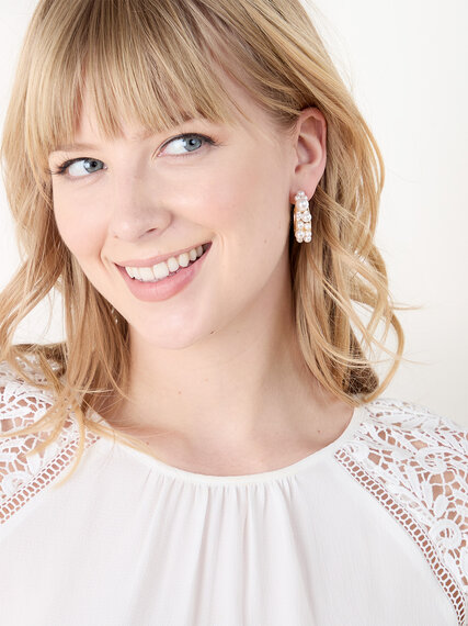 Small Gold Hoop Earrings with White Pearls Image 2