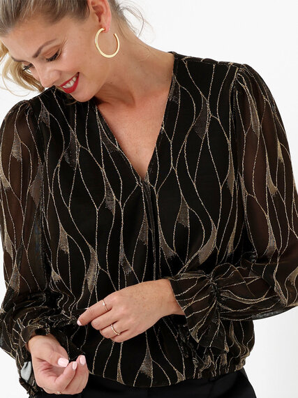 Gold Shimmer Pattern Wrap-Front Top by Autres Filles Image 3