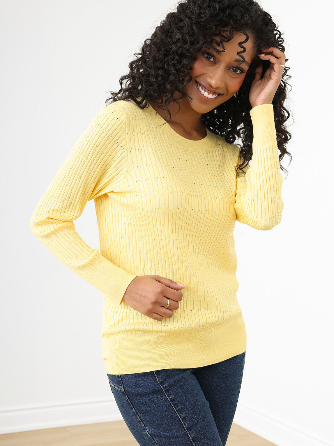 Petite Long Sleeve Pointelle Pullover Sweater