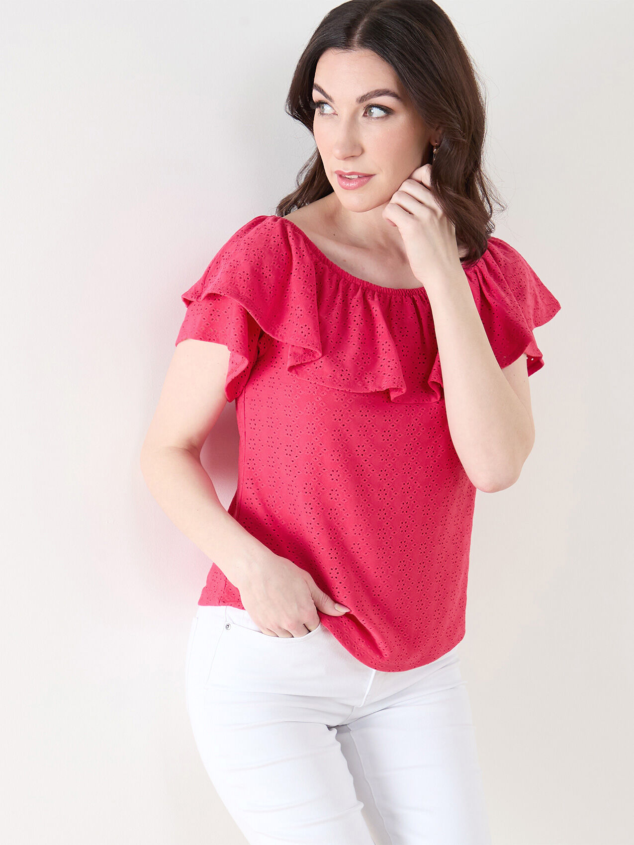 Ruffle Eyelet On/Off Shoulder Top