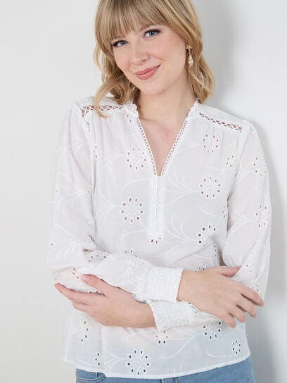 Long Sleeve Relaxed Fit Eyelet Blouse