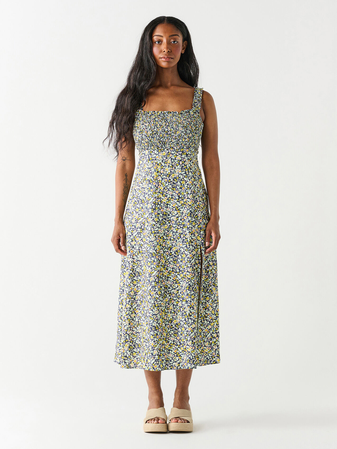 Smocked Bodice Linen Midi Dress by Dex