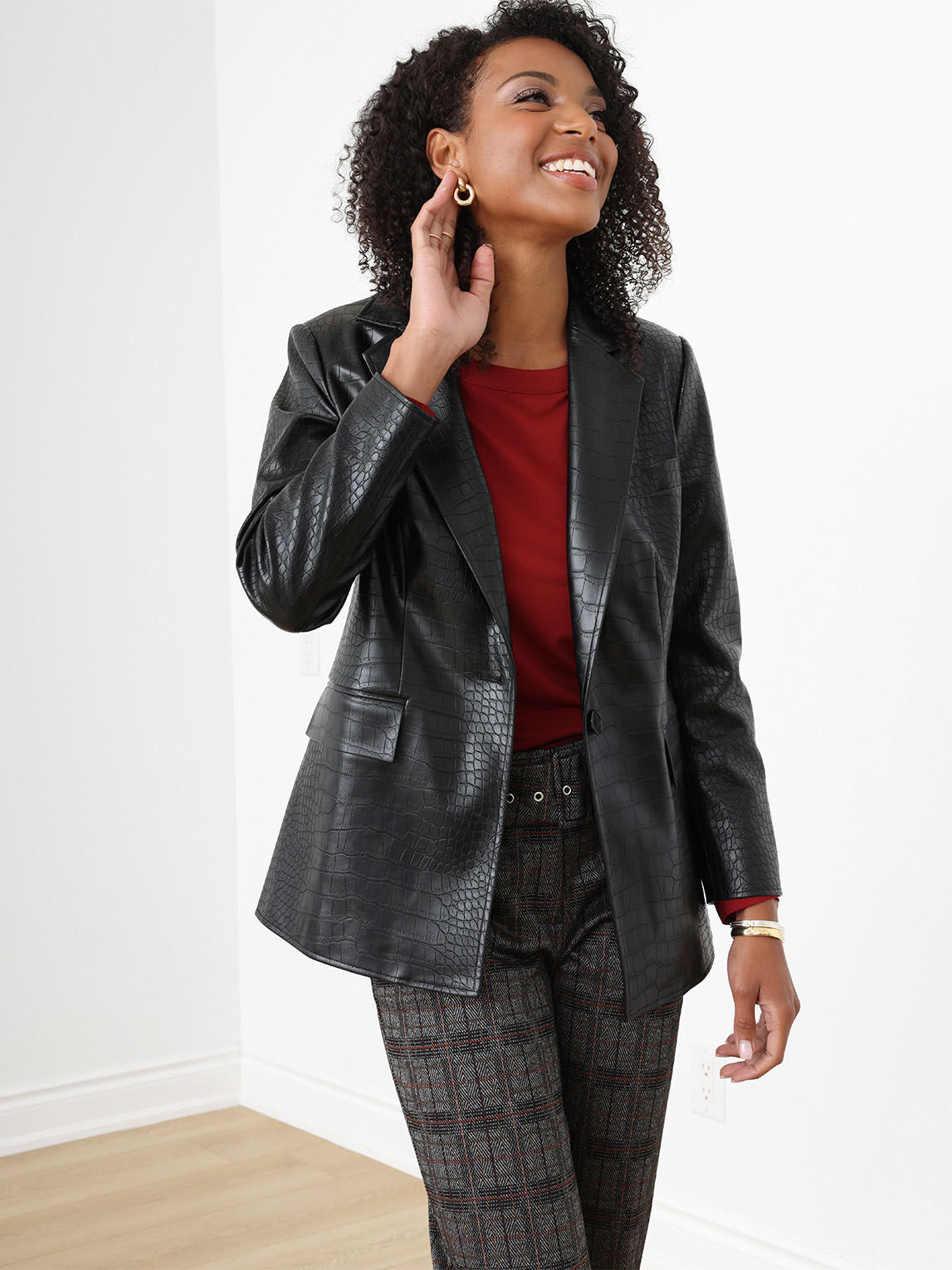 Vegan Leather 1-Button Blazer Black