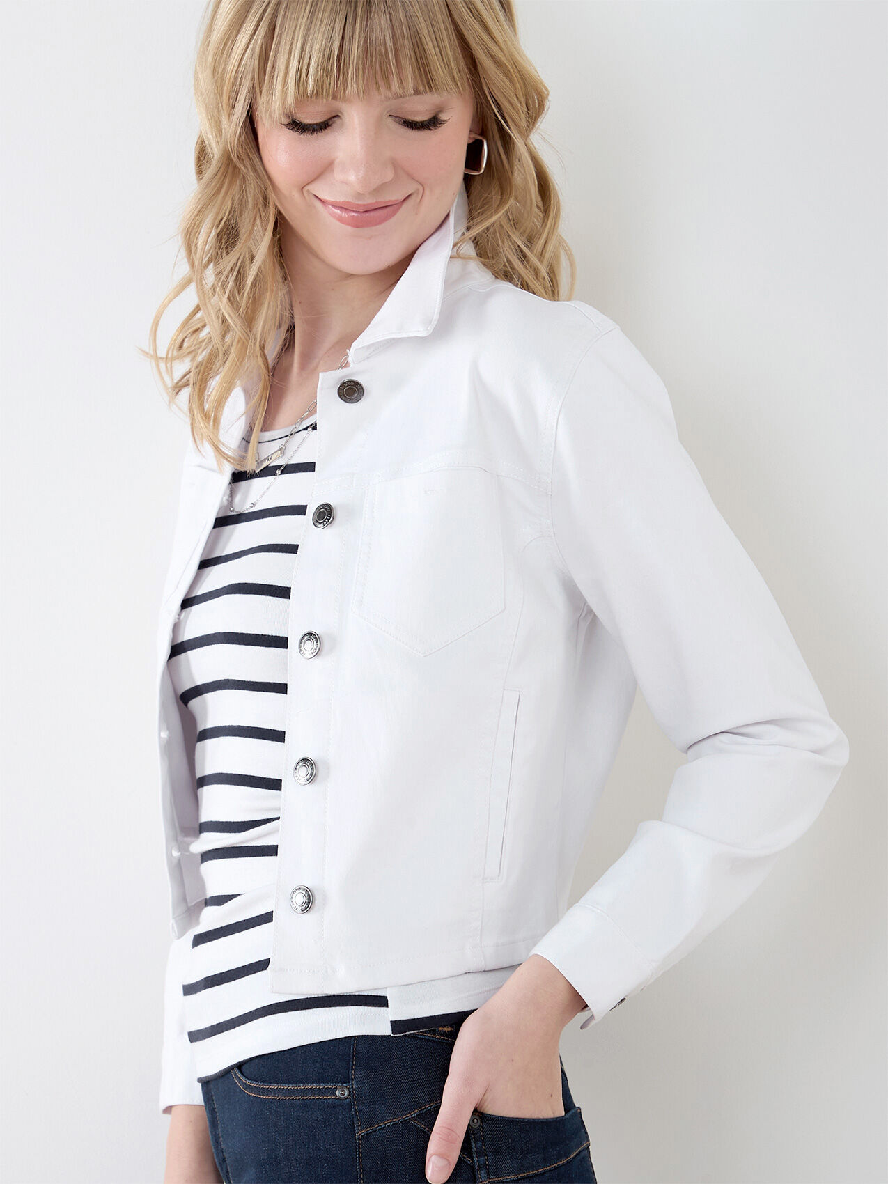 White cropped jean jacket on sale