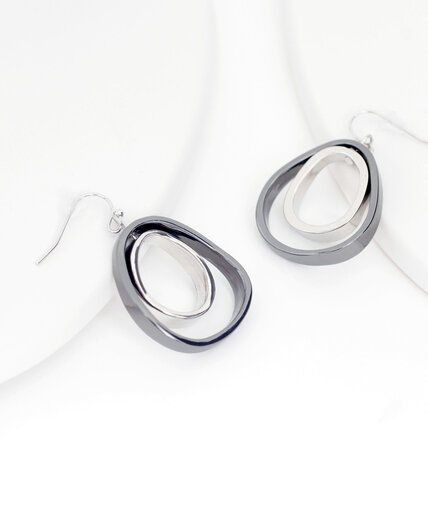 Silver & Gunmetal Asymmetrical Circle Dangle Earrings Image 3